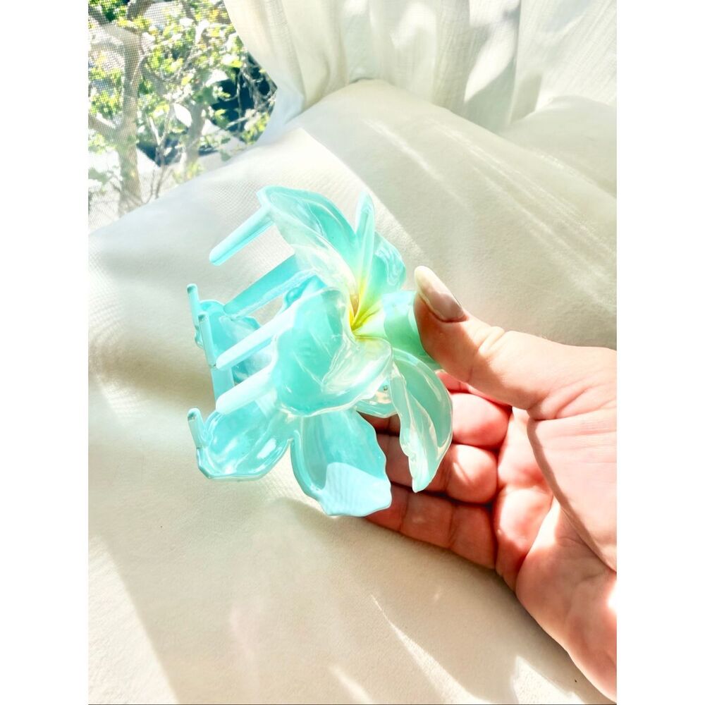 Iridescent Aqua Plumeria Flower Hair Claw Clip Y2K Coastal Mermaidcore - Picture 3 of 3